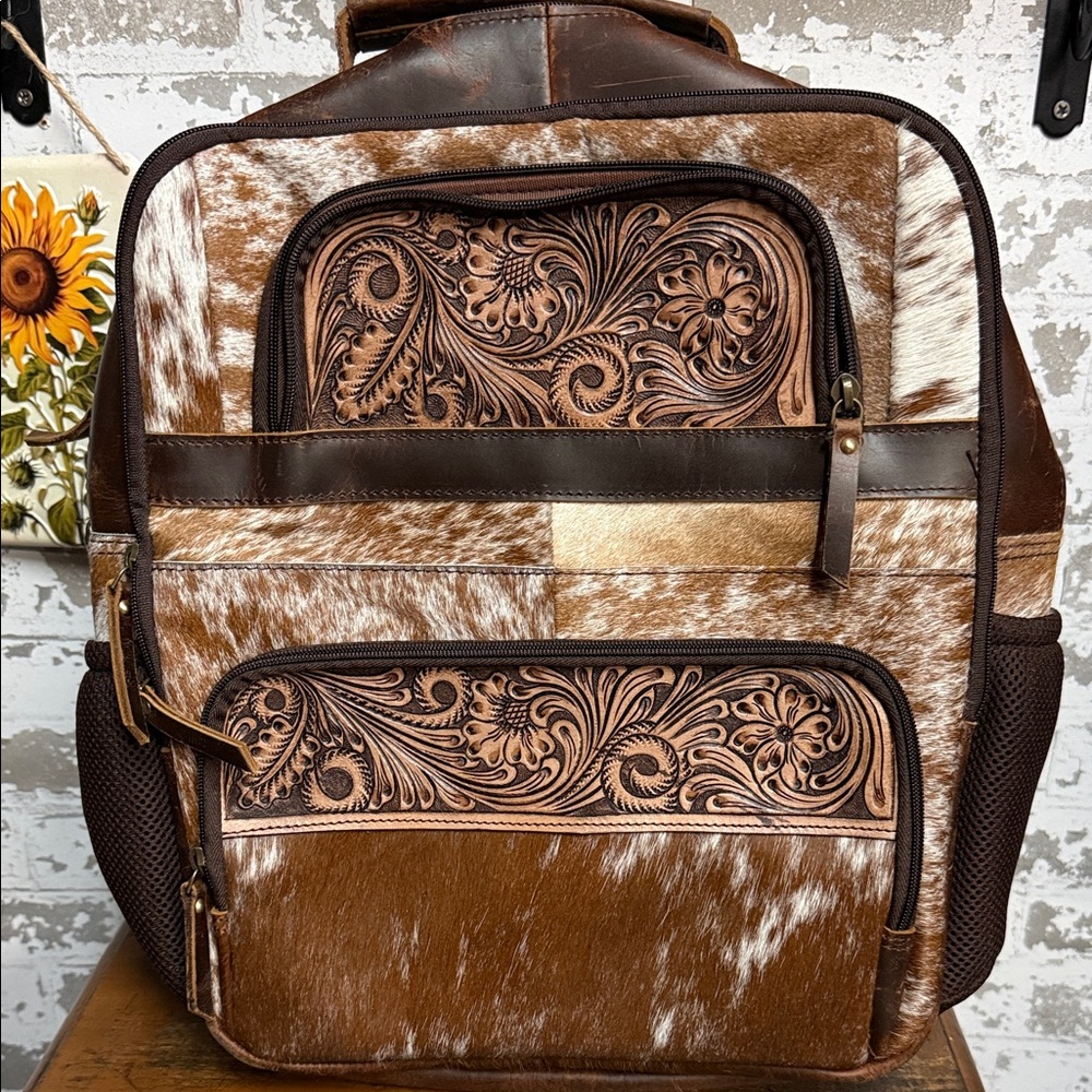 Brown and Tan Leather & Hide tooled Backpack